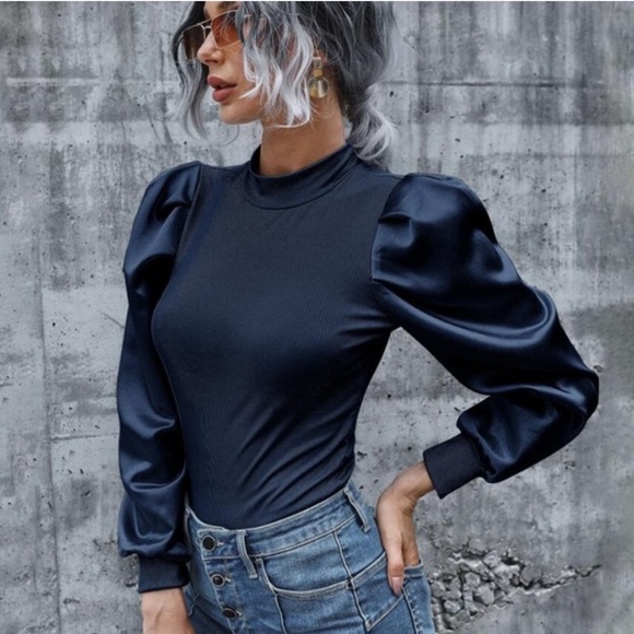 Ribbed Long Sleeve Puff Top- BLUE - Picture 4 of 13